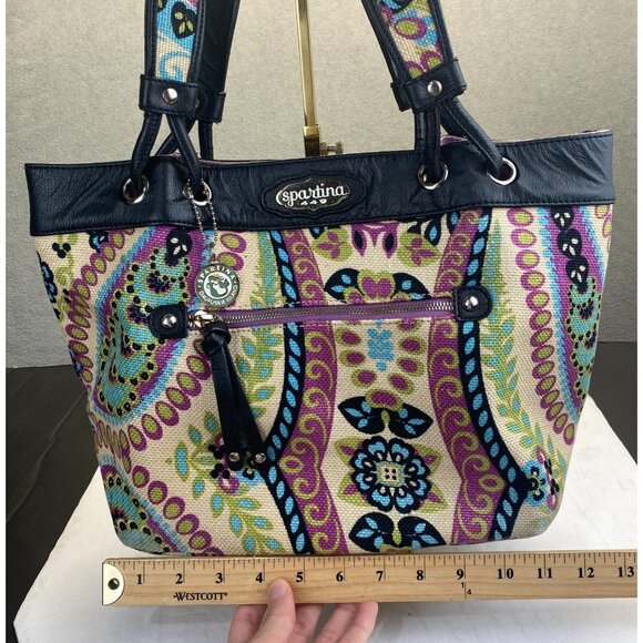 Spartina 449 Floral Multicolor‎ Linen Fabric with Black Leather Trim Tote Bag - Picture 3 of 13